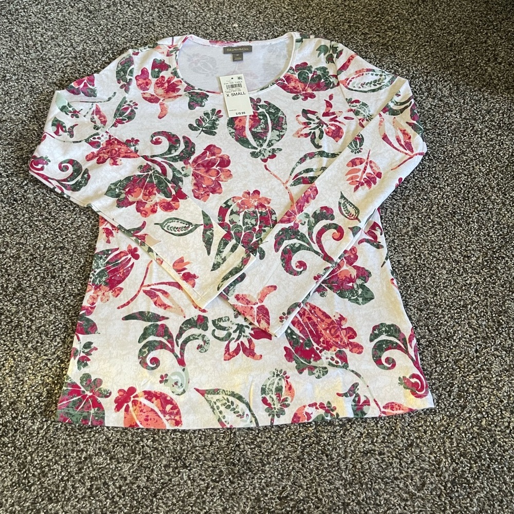 New Style & Co Printed White with fall tones Scoop-Neck Knit Long Sleeve Top XS